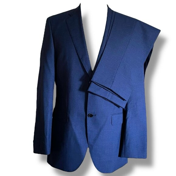 Hugo Boss Mens Super 140 Suit Sz 42L Blue Plaid Wool Blazer Jacket Trouser 34x31 - Picture 1 of 16